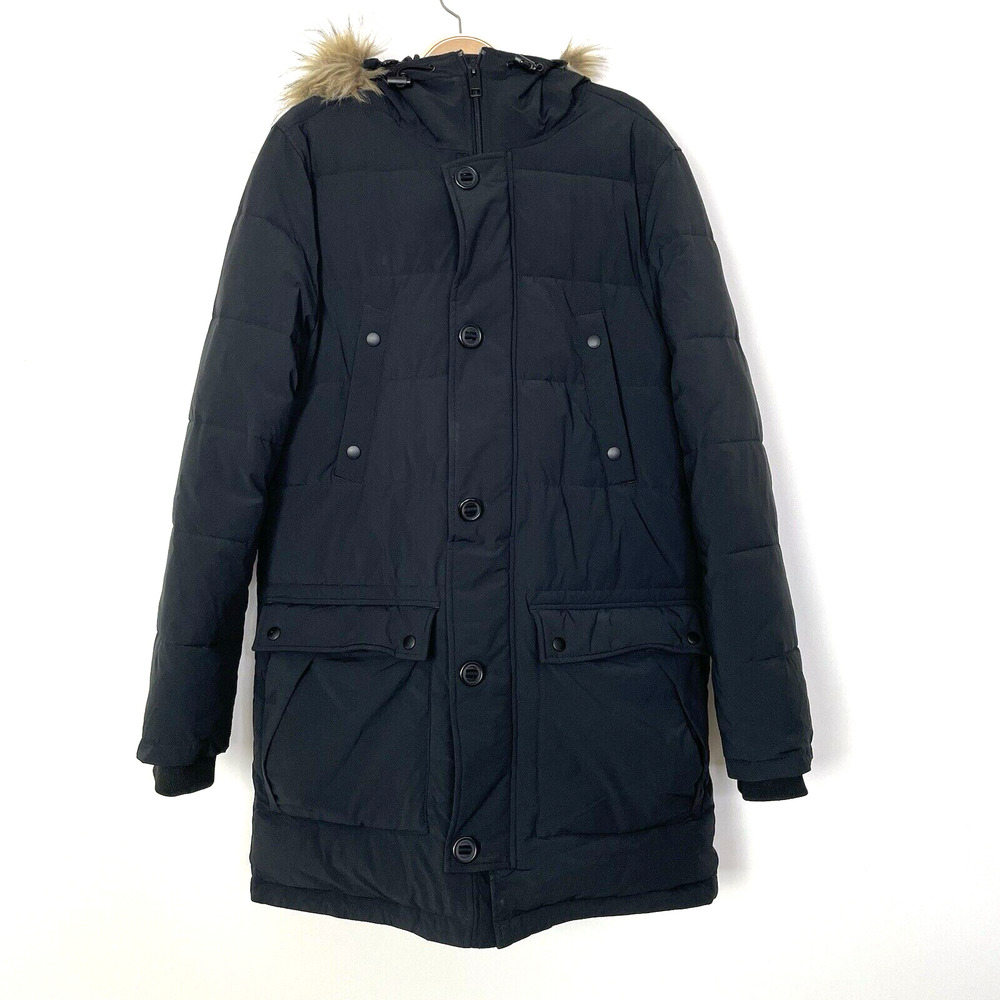 Express Womens Puffer Coat Faux Fur Trim Hood Black Medium